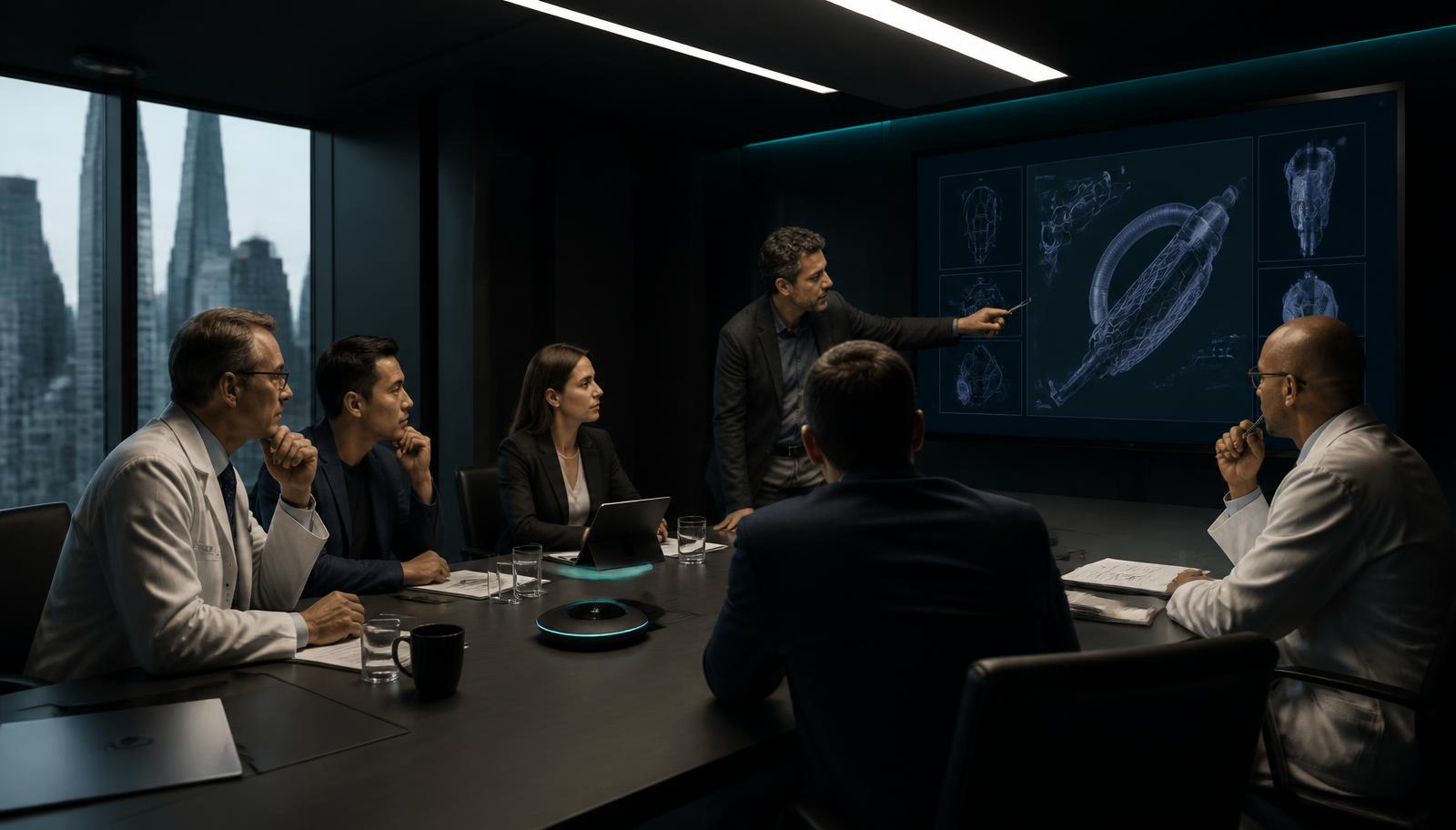 Physicians and engineers reviewing device schematics in a New York boardroom