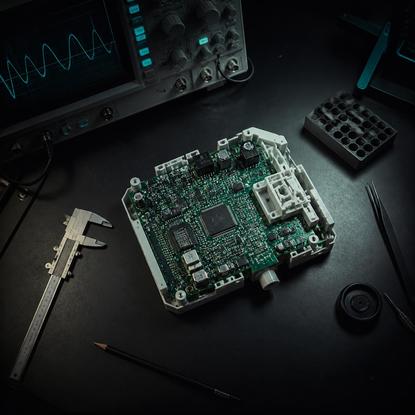 Medical device circuit board and precision measurement tools on an engineering bench