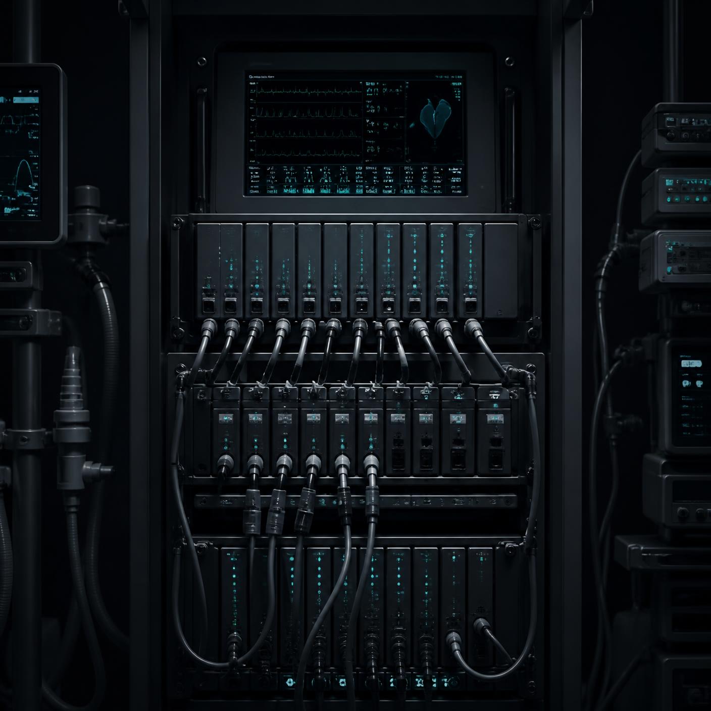 Hospital biomedical integration rack connecting patient monitoring modules