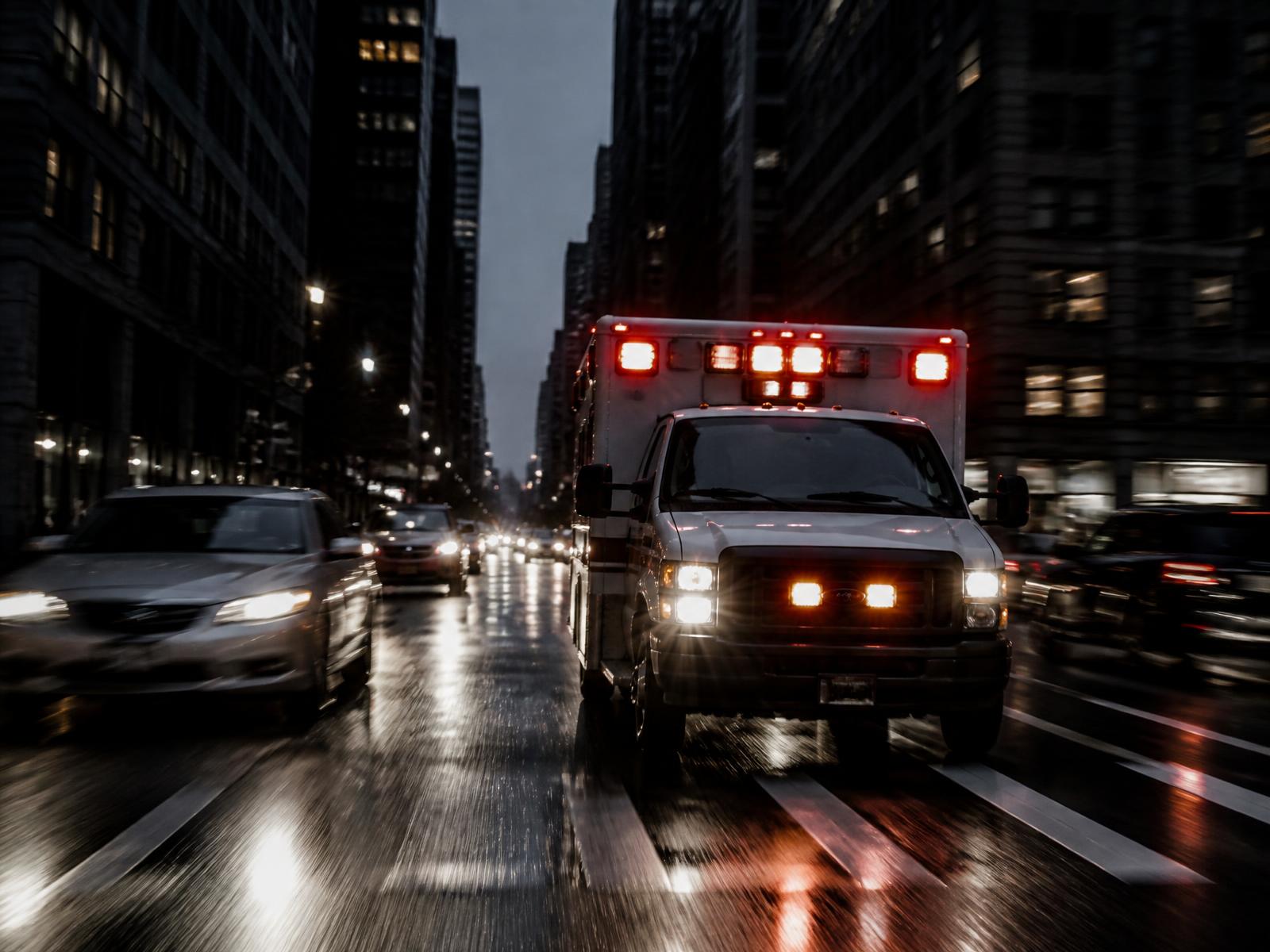 Ambulance running emergency lights down a New York City avenue at dusk